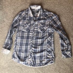 Men’s blue, grey, & light green BKE plaid button-down shirt from Buckle. Size XL